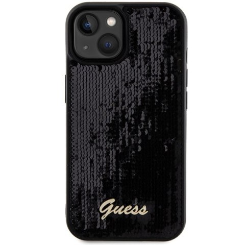 Etui na telefon iPhone 15/14 Guess czarne hardcase Sequin Script Metal