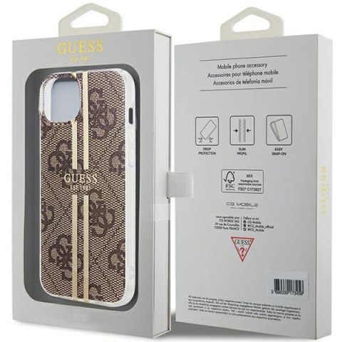 Etui iPhone 15 / 14 / 13 Guess brązowe hardcase IML 4G Gold Stripe