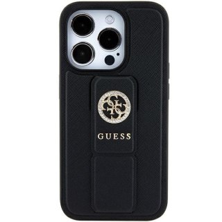 Etui iPhone 15 Guess czarne hardcase Grip Stand 4G Saffiano Strass