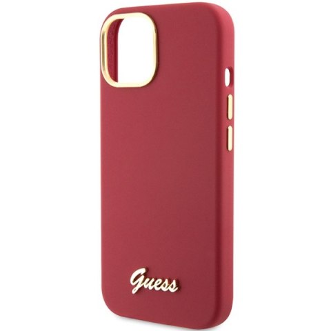 Etui na telefon iPhone 15 Guess magenta silikonowe z metalowym logo