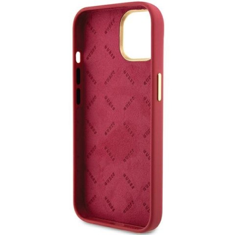 Etui na telefon iPhone 15 Guess magenta silikonowe z metalowym logo