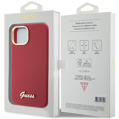 Etui na telefon iPhone 15 Guess magenta silikonowe z metalowym logo