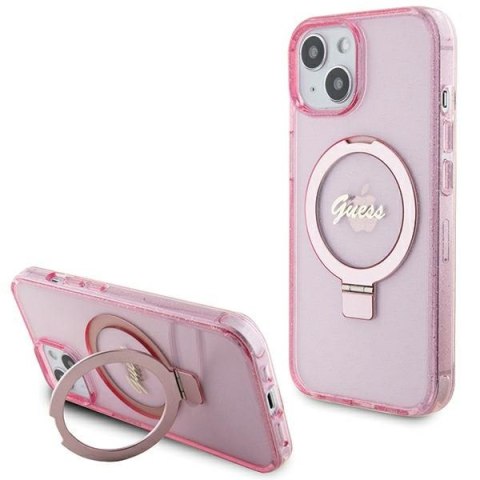 Etui na telefon iPhone 15 Guess Ring Stand MagSafe różowe glitter