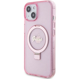 Etui na telefon iPhone 15 Guess Ring Stand MagSafe różowe glitter