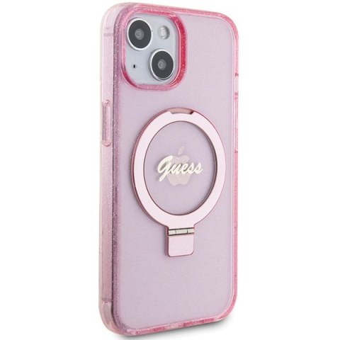 Etui na telefon iPhone 15 Guess Ring Stand MagSafe różowe glitter