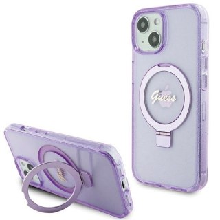 Etui iPhone 15 Guess Ring Stand Script Glitter MagSafe fioletowe