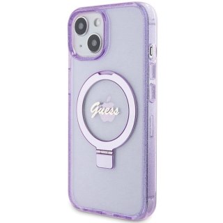 Etui iPhone 15 Guess Ring Stand Script Glitter MagSafe fioletowe