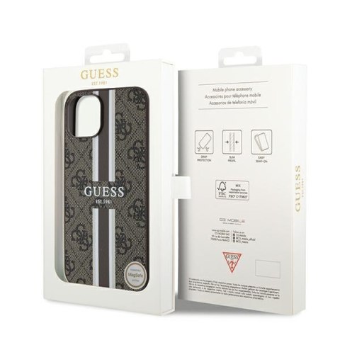 Etui iPhone 15 / 14 / 13 Guess 4G Printed Stripes MagSafe brązowe