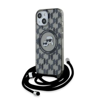 Etui iPhone 15 / 14 / 13 Karl Lagerfeld czarne hardcase IML Crossbody Monogram Karl & Choupette Head MagSafe