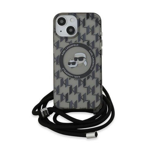 Etui iPhone 15 / 14 / 13 Karl Lagerfeld czarne hardcase IML Crossbody Monogram Karl & Choupette Head MagSafe