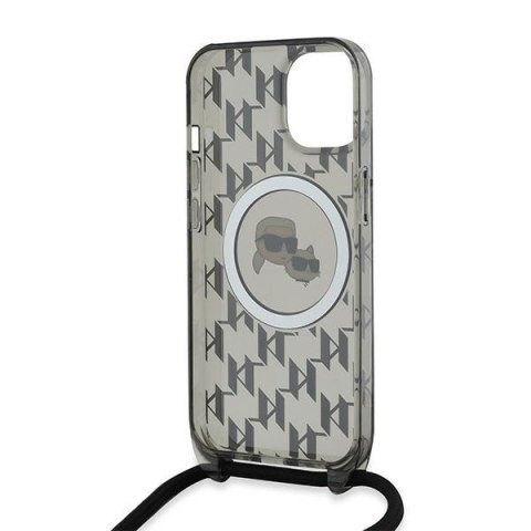 Etui iPhone 15 / 14 / 13 Karl Lagerfeld czarne hardcase IML Crossbody Monogram Karl & Choupette Head MagSafe