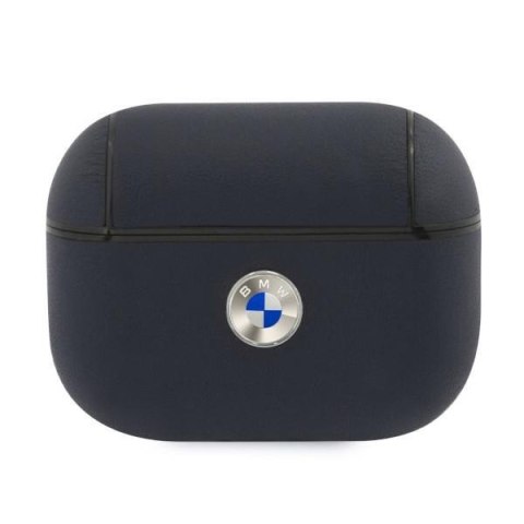 Etui na AirPods Pro BMW z prawdziwej skóry granatowe z logo srebrnym