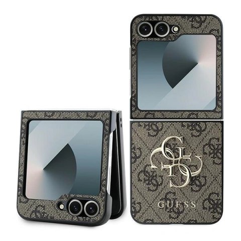 Etui na telefon Samsung Galaxy Z Flip6 Guess brązowe skórzane 4G Metal Logo