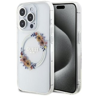 Etui na telefon iPhone 15 Pro Max Guess IML Kwiaty MagSafe przezroczyste