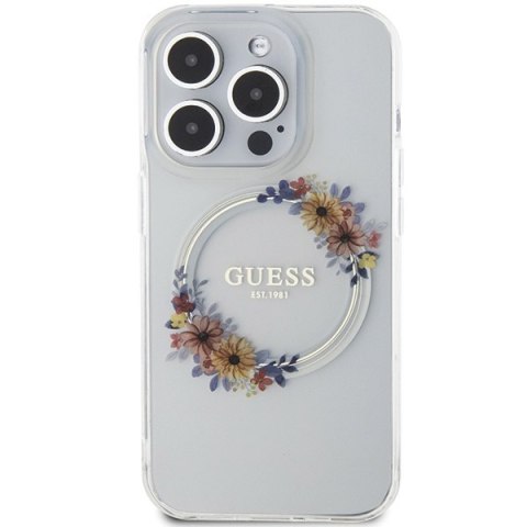 Etui na telefon iPhone 15 Pro Max Guess IML Kwiaty MagSafe przezroczyste