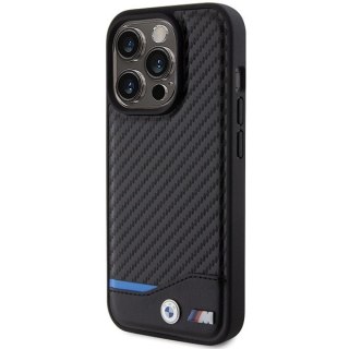 Etui na telefon iPhone 15 Pro BMW czarne Leather Carbon - eleganckie ochraniacze