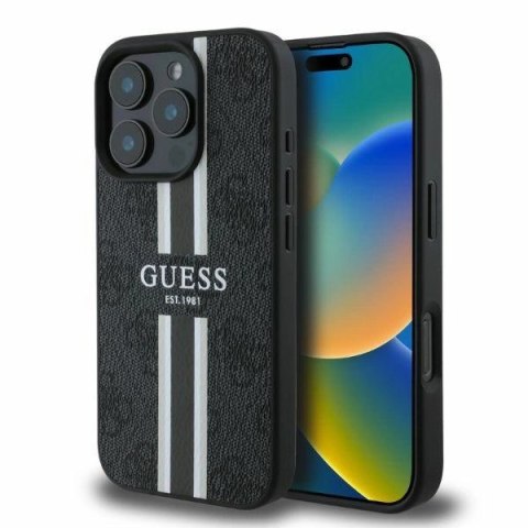 Etui na telefon iPhone 16 Pro Guess 4G MagSafe czarne paski