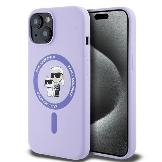 Etui iPhone 15 Karl Lagerfeld fioletowe hardcase Silicone Karl&Choupette Heads Ring MagSafe