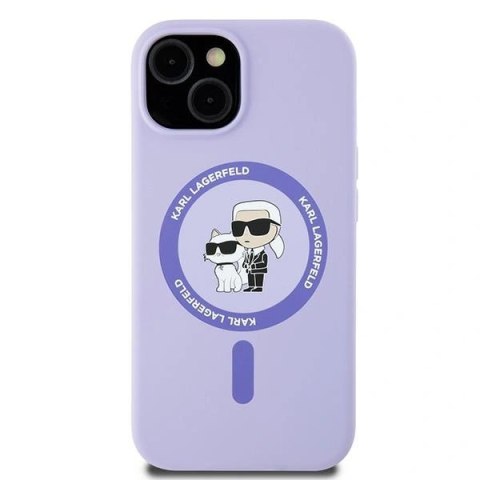 Etui iPhone 15 Karl Lagerfeld fioletowe hardcase Silicone Karl&Choupette Heads Ring MagSafe