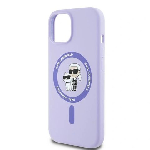 Etui iPhone 15 Karl Lagerfeld fioletowe hardcase Silicone Karl&Choupette Heads Ring MagSafe