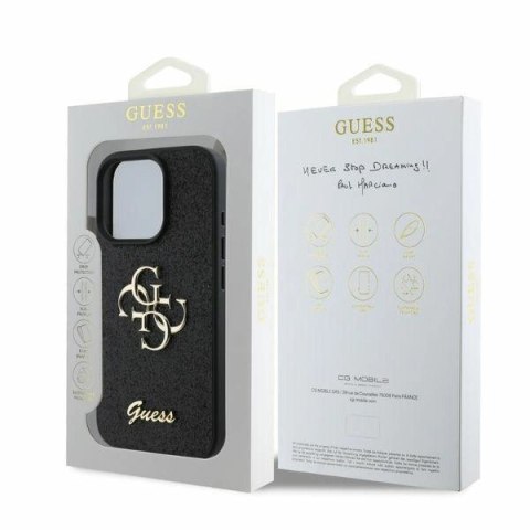 Etui na telefon iPhone 16 Pro Guess Fixed Glitter Big 4G czarne