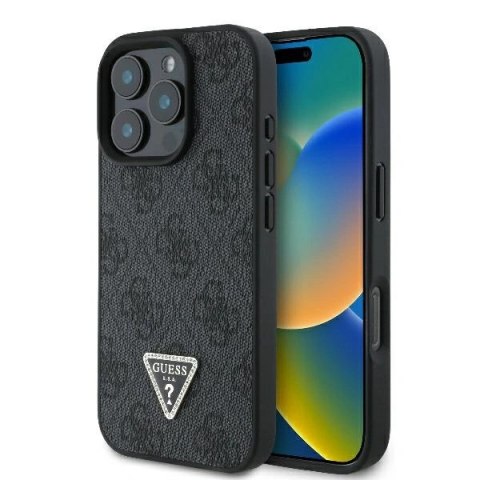 Etui na telefon iPhone 16 Pro Guess Leather MagSafe czarne z kryształkami