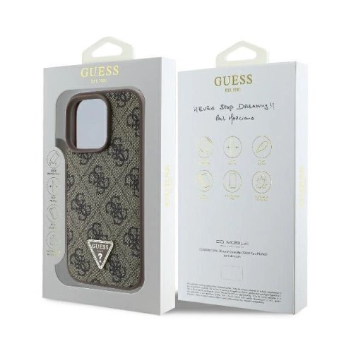 Etui na telefon iPhone 16 Pro Guess Leather MagSafe brązowe 4G Strass