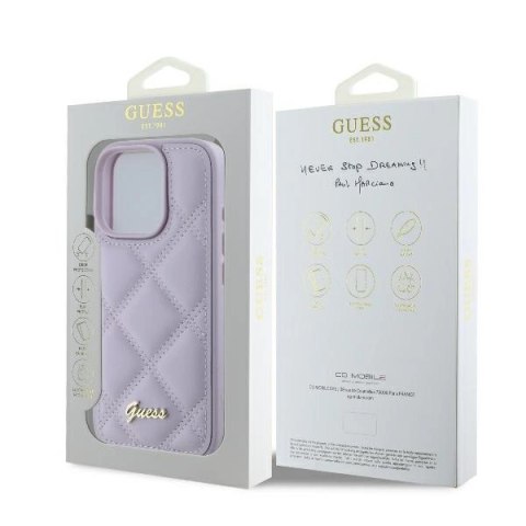 Etui na telefon iPhone 16 Pro Guess Quilted Metal Logo jasnofioletowe