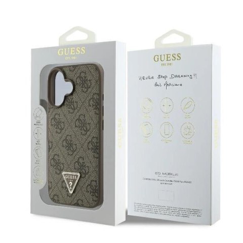 Etui na telefon iPhone 16 Plus Guess Leather MagSafe brązowe 4G Strass