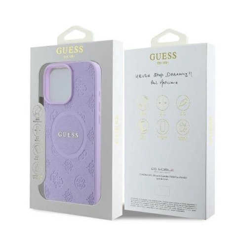 Etui iPhone 16 Pro Max Guess hardcase Saffiano Peony Classic Logo MagSafe purpurowy