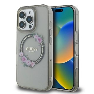 Etui na telefon iPhone 16 Pro Guess IML Flowers Wreath MagSafe czarne