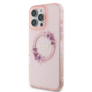 Etui na telefon iPhone 16 Pro Guess IML Kwiaty MagSafe różowe