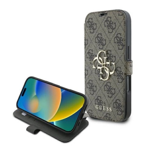 Etui na telefon iPhone 16 Pro Guess brązowy book 4G Metal Logo