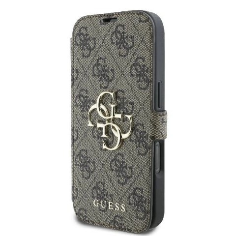 Etui na telefon iPhone 16 Pro Guess brązowy book 4G Metal Logo