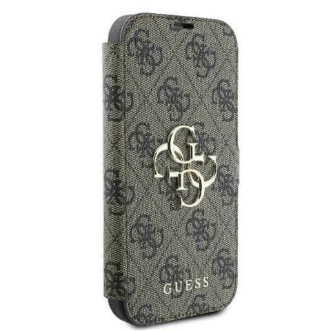 Etui na telefon iPhone 16 Pro Guess brązowy book 4G Metal Logo