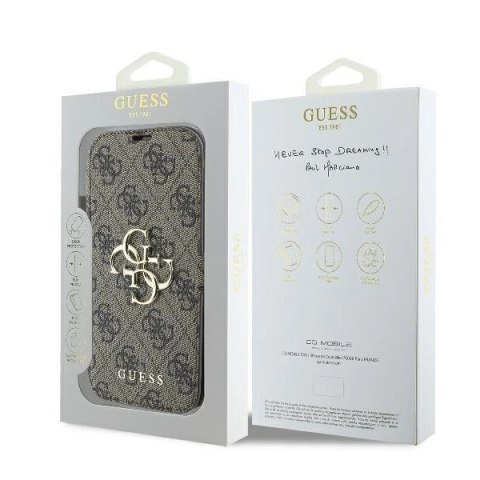 Etui na telefon iPhone 16 Pro Guess brązowy book 4G Metal Logo