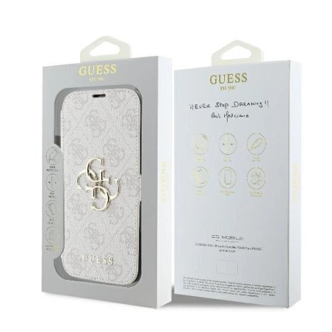 Etui na telefon iPhone 16 Pro Guess różowy book 4G Metal Logo