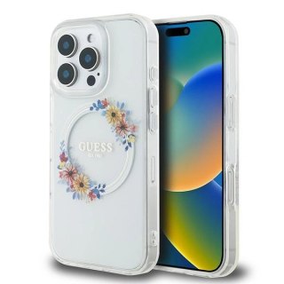 Etui na telefon iPhone 16 Pro Guess IML Kwiaty MagSafe przezroczyste