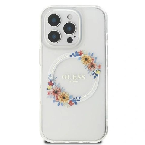 Etui na telefon iPhone 16 Pro Guess IML Kwiaty MagSafe przezroczyste