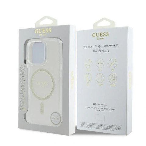 Etui na telefon iPhone 16 Pro Guess IML Glitter Circle MagSafe przezroczyste