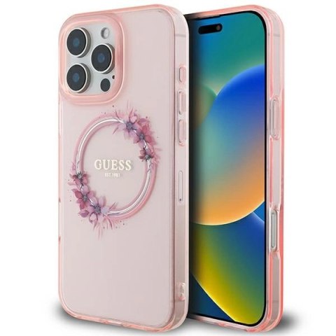 Etui na telefon iPhone 16 Pro Max Guess Hardcase MagSafe Kwiaty Różowy