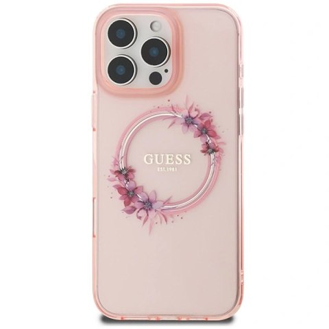 Etui na telefon iPhone 16 Pro Max Guess Hardcase MagSafe Kwiaty Różowy