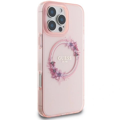 Etui na telefon iPhone 16 Pro Max Guess Hardcase MagSafe Kwiaty Różowy