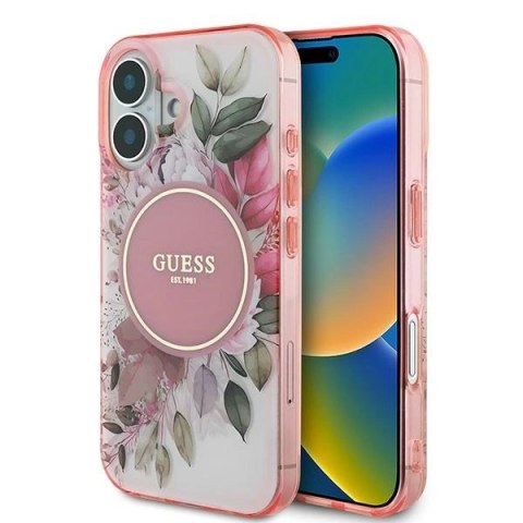 Etui na telefon Apple iPhone 16 Guess hardcase IML Flower MagSafe różowy