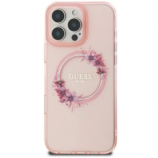 Etui na telefon Apple iPhone 16 Guess hardcase IML Kwiaty MagSafe różowe