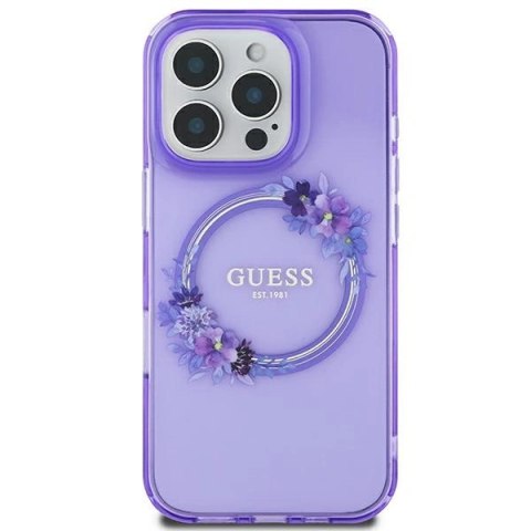 Etui na telefon Apple iPhone 16 Guess hardcase IML Kwiaty MagSafe fioletowe