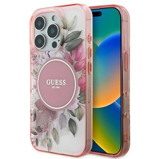 Etui na telefon iPhone 16 Pro Max Guess hardcase IML Kwiaty MagSafe różowe