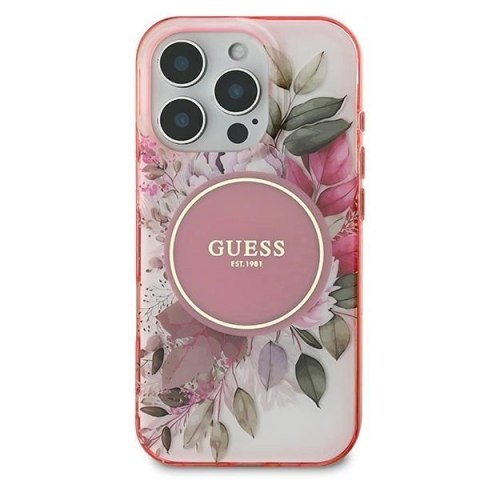 Etui na telefon iPhone 16 Pro Max Guess hardcase IML Kwiaty MagSafe różowe