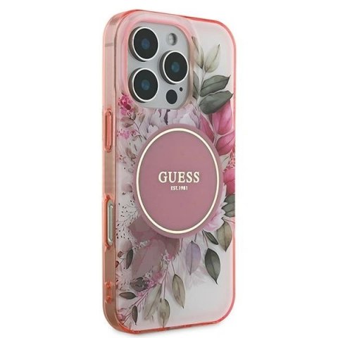 Etui na telefon iPhone 16 Pro Max Guess hardcase IML Kwiaty MagSafe różowe