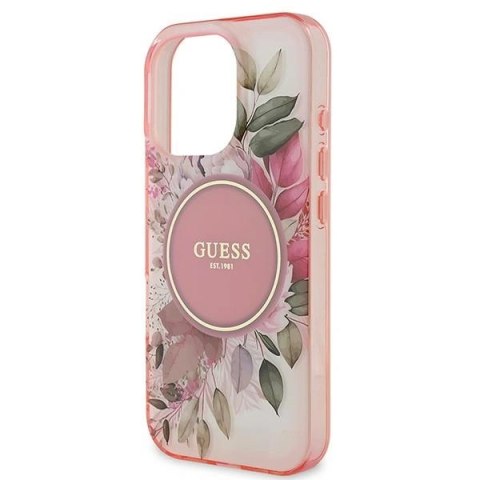 Etui na telefon iPhone 16 Pro Max Guess hardcase IML Kwiaty MagSafe różowe